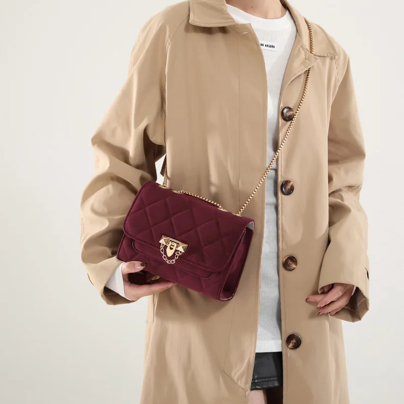 Burgundy Women Vintage Flap Bags Solid Color Small Shoulder Bag Fashion Chain Underarm Bag Suede Fabric Female Crossbody Bags