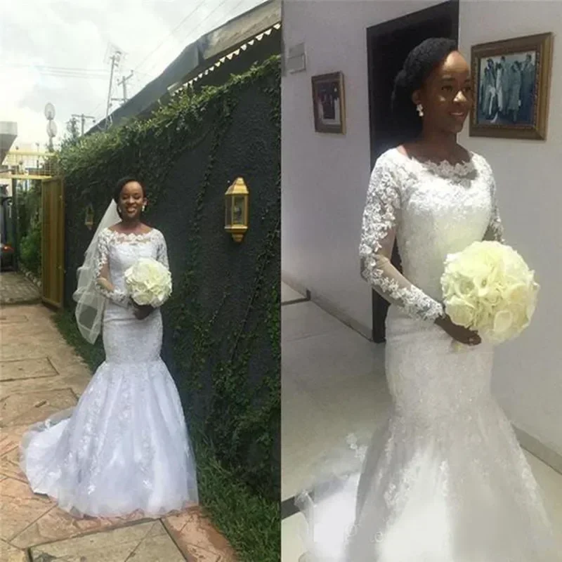 Customized Scoop Neck African Lace Appliques Wedding Dresses Sweep Train Plus Size Long Sleeves Mermaid Country Bridal Gown