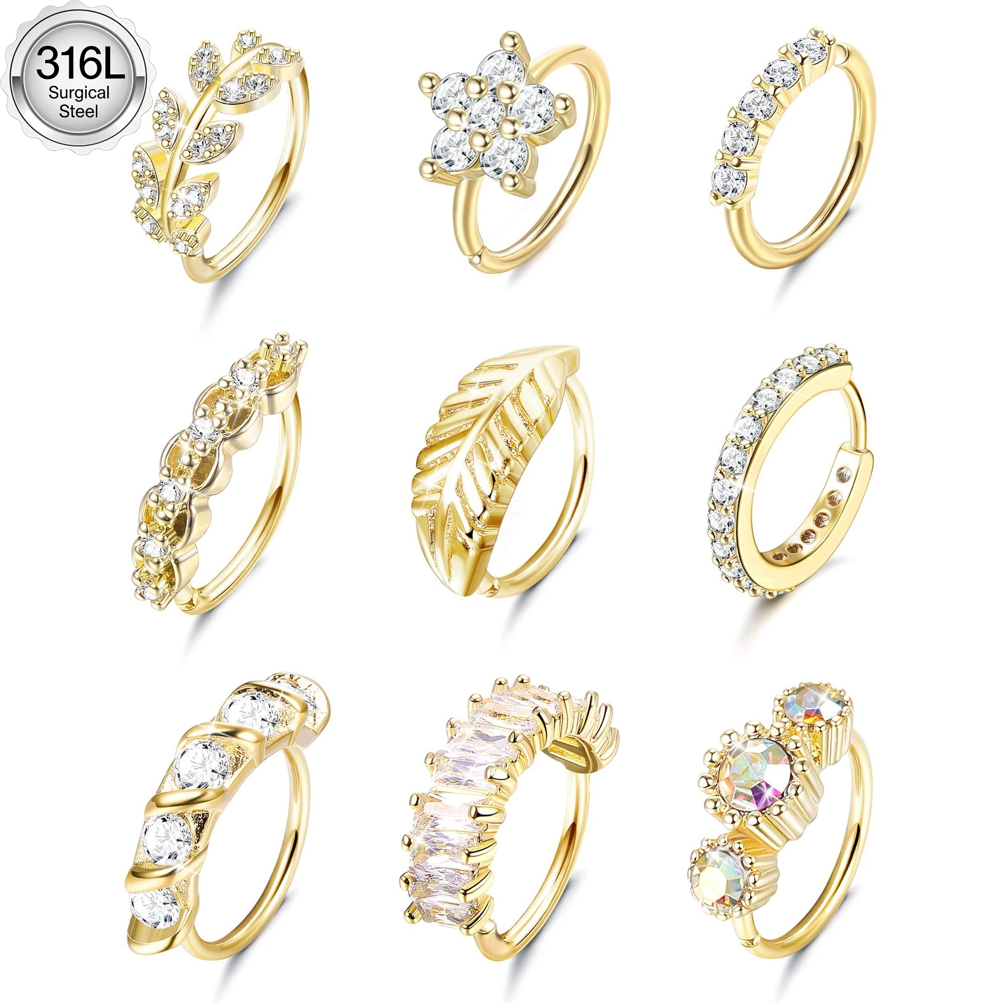 Drperfect Nasenring-Reifen aus Edelstahl, gepflastert, CZ, Blattfeder, Blume, Crawler, Nase, Ohrknorpel, Nase, Ohrpiercing-Reifen