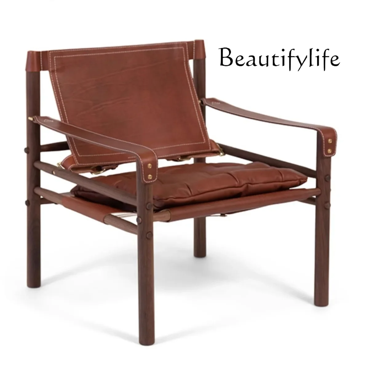 Nordic sofa retro home living room casual solid wood saddle leather printing creative safari chair