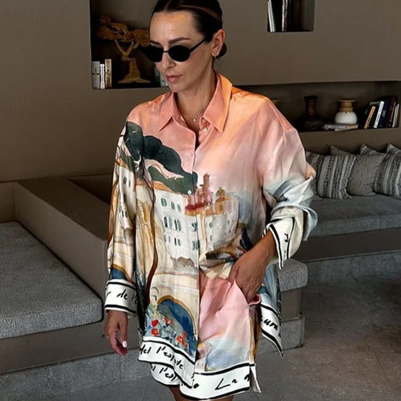 

Printed Lapel Shirt Top Shorts Set Oil Painting Poster Creative Loose Long Sleeved Floral Shirts Blouse Vacation Beach Shorts