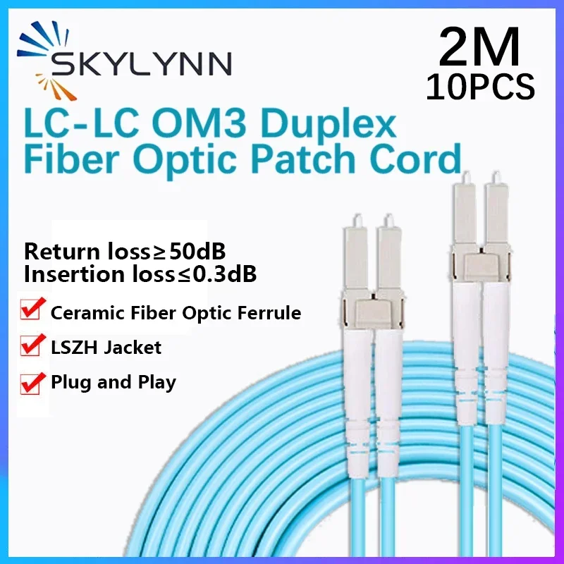 2M 10PCS LC/UPC-LC/UPC Duplex 3.0mm OM3 10Gb Fiber Optic Patchcord Aqua LSZH Jacketed Patch Cord Fiber Customizable