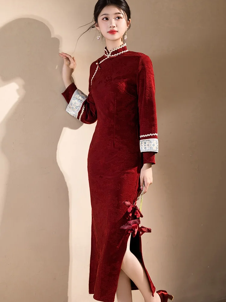 

Red Velvet Long Sve Qipao Dr Wedding Ceremony Banquet Performance New Bride Ele Chinese Sle Gown