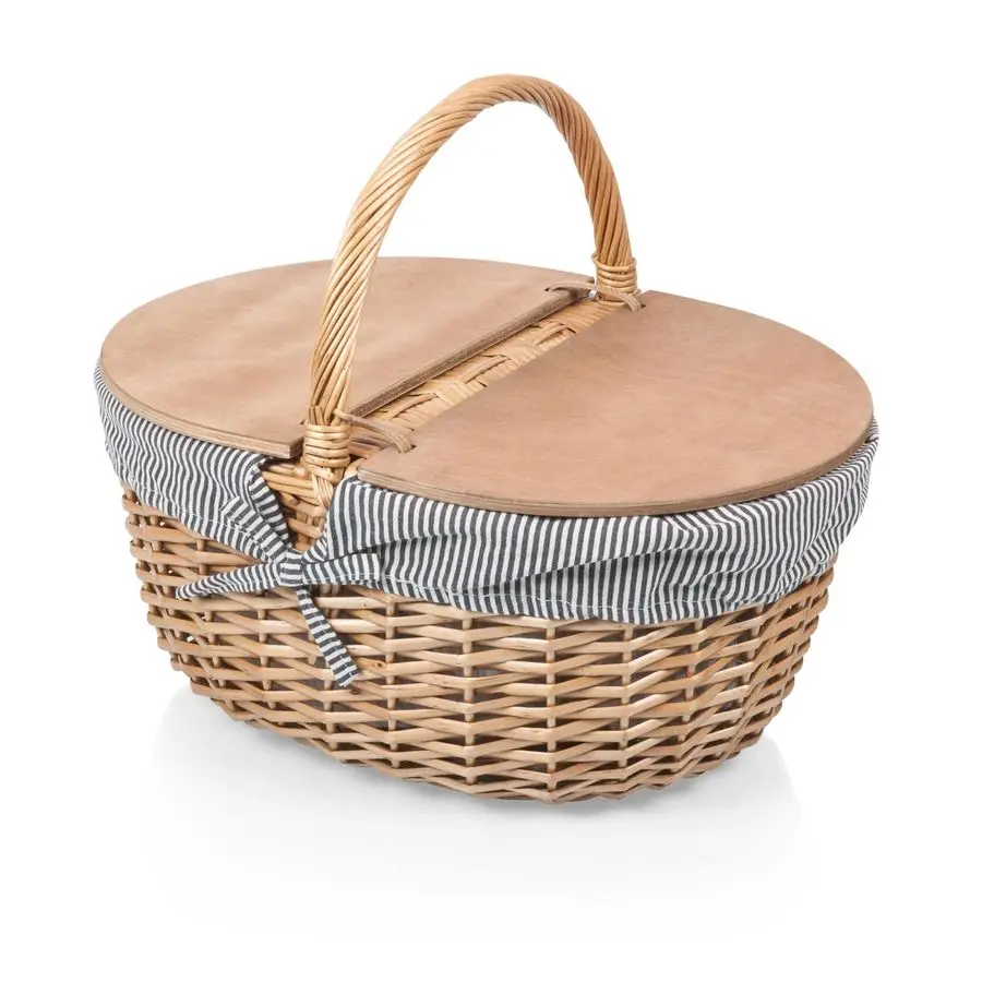 

Плетеная корзина для пикника Country Picnic Basket, прочная, с настраиваемой разъемной крышкой и съемным, моющимся чехлом из поликоттона в винтажном стиле.