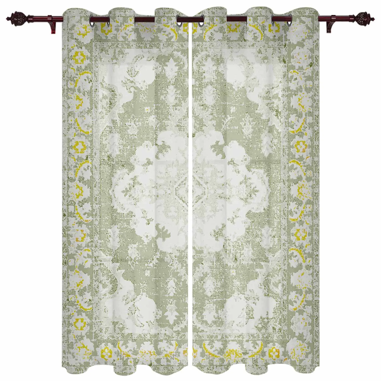 Geometric Ethnic Oriental Vintage Sage Green Modern Panels Hall Curtains for Living Room Bedroom Window Curtains Hotel Drapes