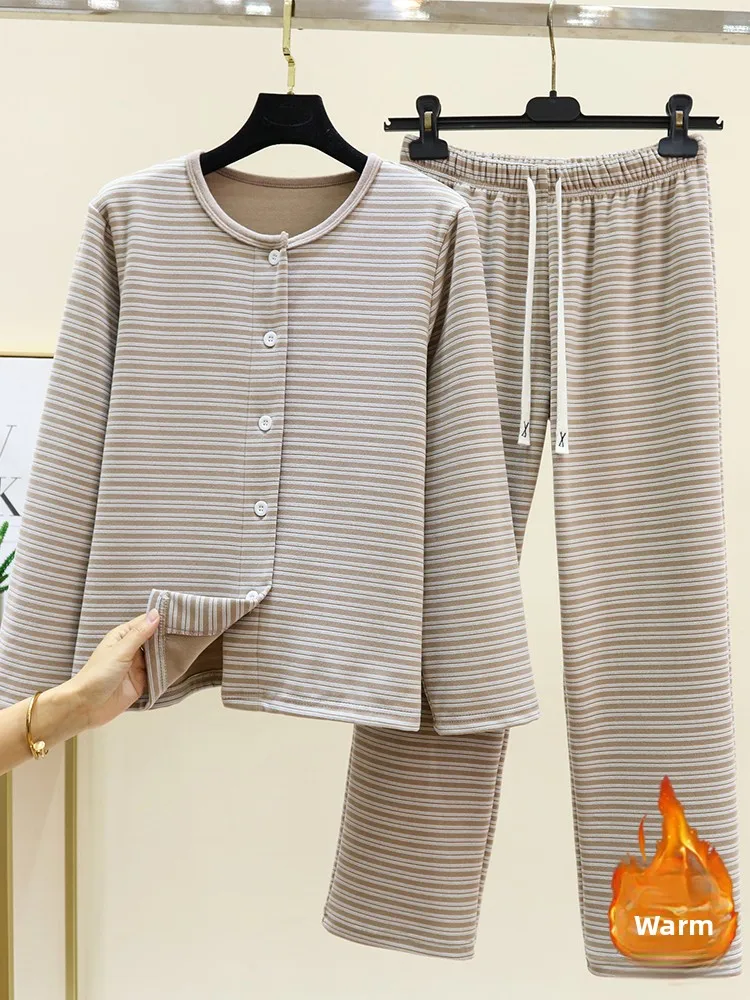 Thickened Double-sided Velvet Home Clothes Set Winter Home Stripe Sleepwear Large Size Fleece Warm Open Cardigan Long Pants