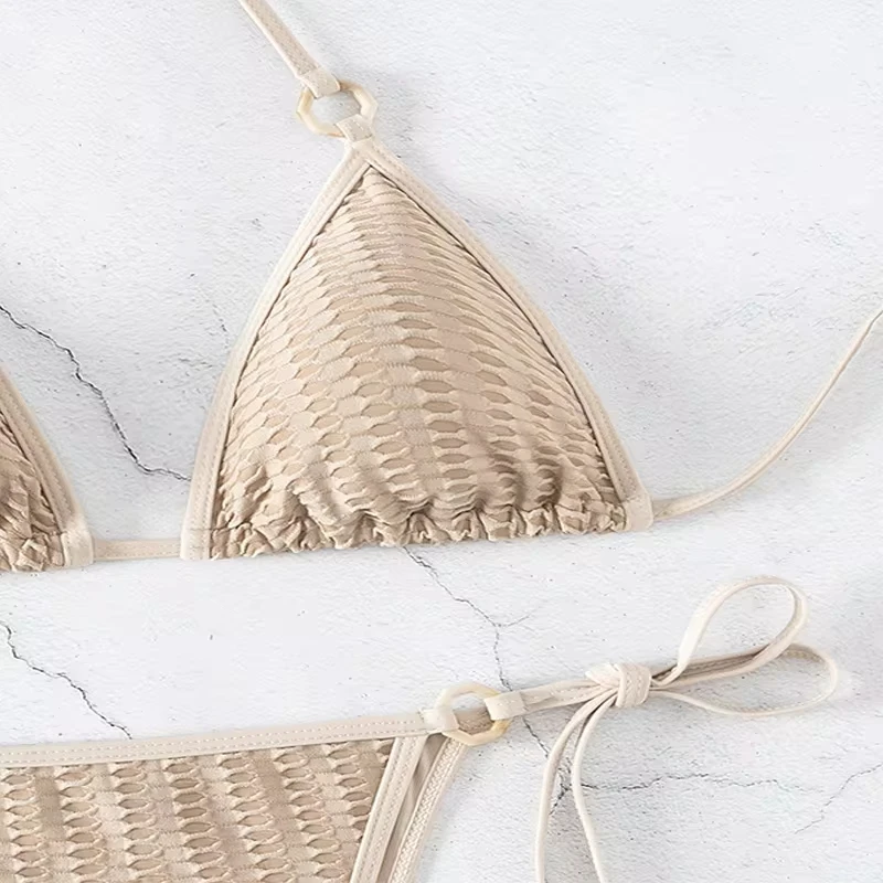 New Sexy Push Up Bikini Set Women 2025 Halter Solid Khaki Wave Design Swimsuit Summer Bathing Suit Tie Side Thong Swimwear