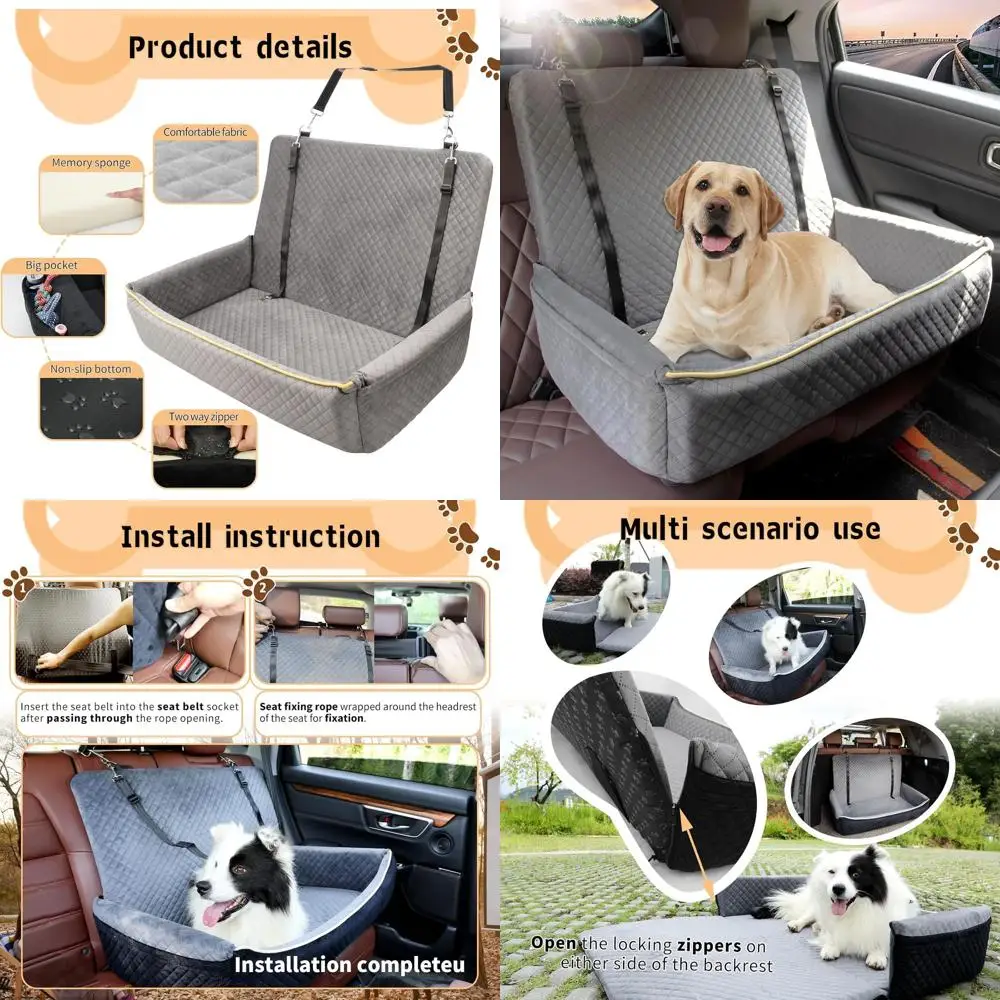 Grey Dog Car Seat for 60 lbs or 2 Small Dogs, Bed & Seat Belt, Soft & Comfortable, 31.5x20x21.5in
