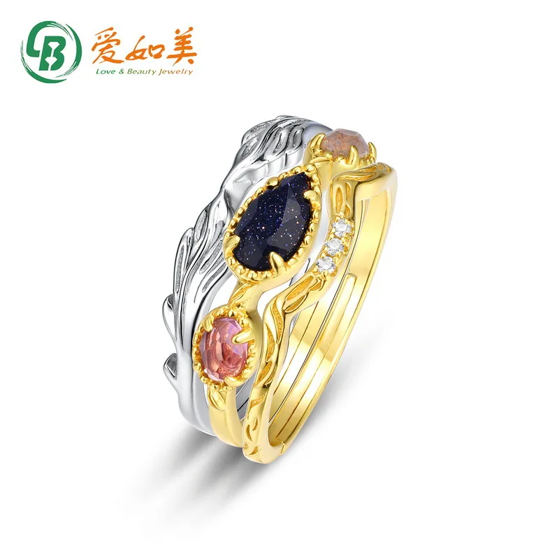 

18-каратное золото PT950, платиновое посеребренное 7-слойное золотое кольцо, нерегулярное геометрическое кольцо с синим кристаллом и песком, многослойное кольцо с темпераментом