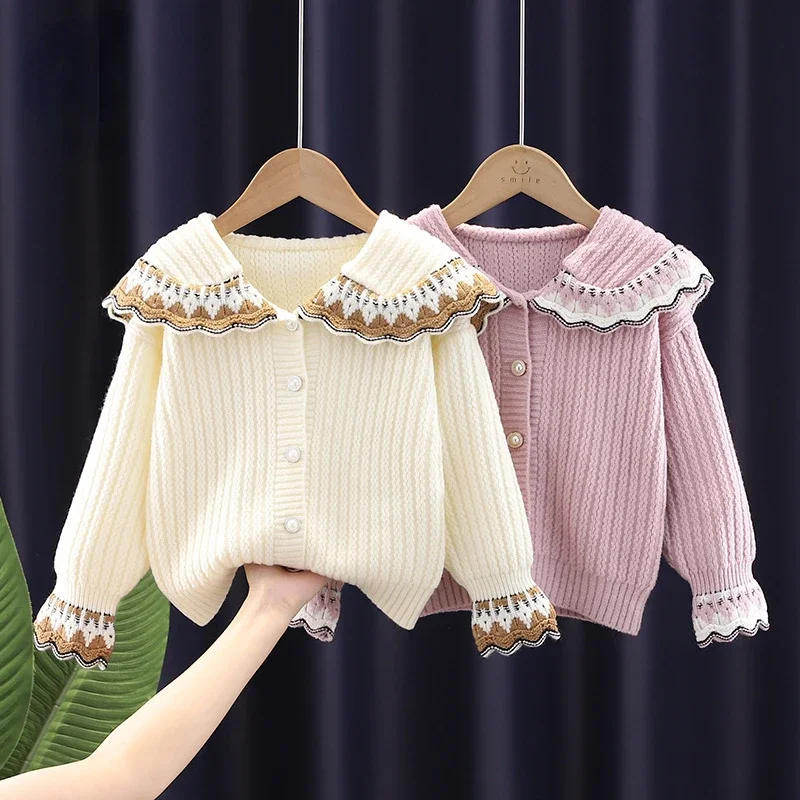 

Autumn Toddler Girls Plush Sweater Fashion Jumper Knitwear Winter Baby Girl Lotus Leaf Collar Cardigans Kids Cotton Clothes Coat