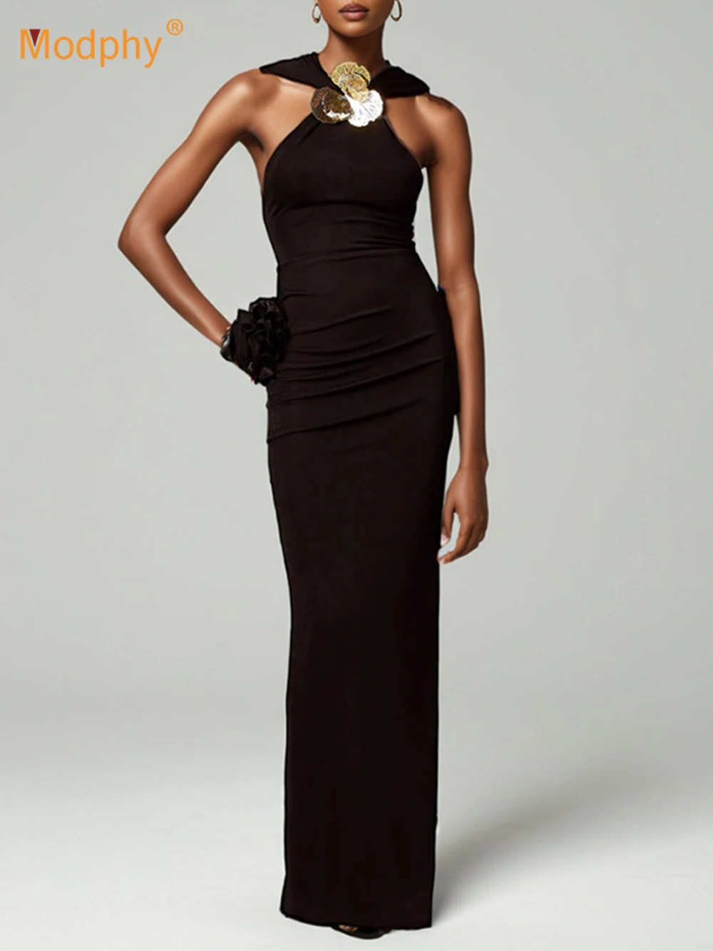 Elegante Metall Blume Dekoration Halfter Kleid Frauen Solide Off Schulter Ärmellose Backless Schlank Maxi Kleider Party Roben Dame
