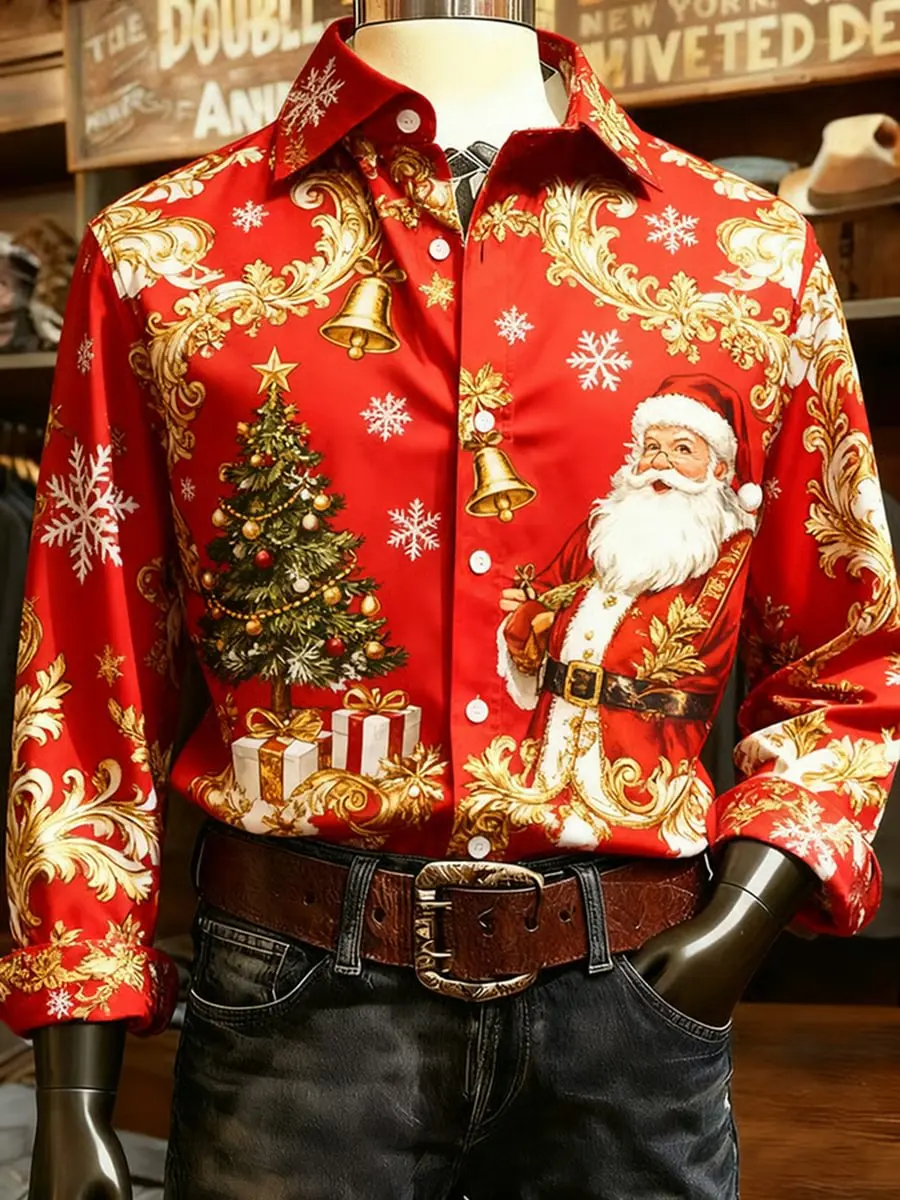 

2025 Men's European and American Fashion Christmas Santa Claus Pattern Comfortable Fabric Long Sleeve Shirt Casual Button Top
