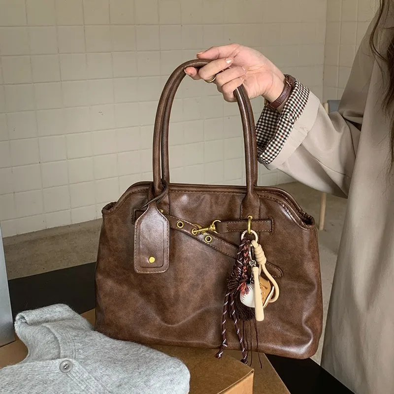 

Leather Handbags Women's Vintage Luxury Brown Shoulder Bag Trend Ladies Designer Tote Bag Large Capacity Briefcase For Females