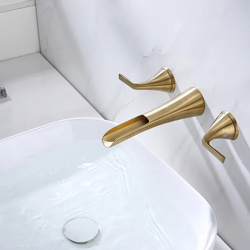 3 Hole Brushed Gold Dual Handle Basin Mixer for Bathroom