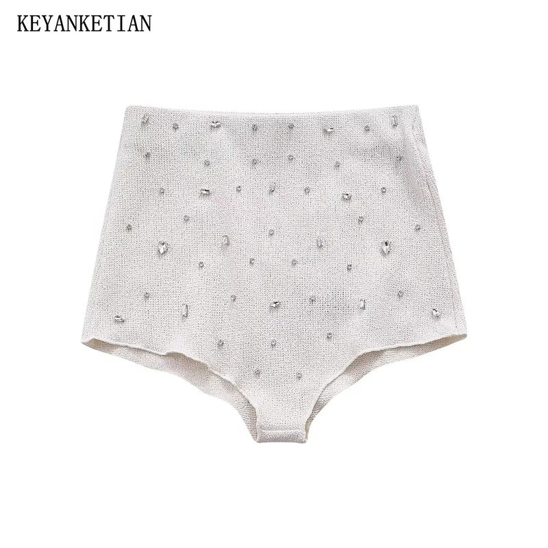 KEYANKETIAN 2024 New Launch Luxury Artificial Gemstone Decoration Knit Shorts Women\'s Fashion Thin Stretch Low-Rise Tight Shorts