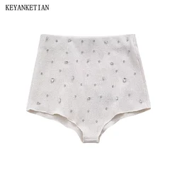 KEYANKETIAN 2024 New Launch Luxury Artificial Gemstone Decoration Knit Shorts Women's Fashion Thin Stretch Low-Rise Tight Shorts