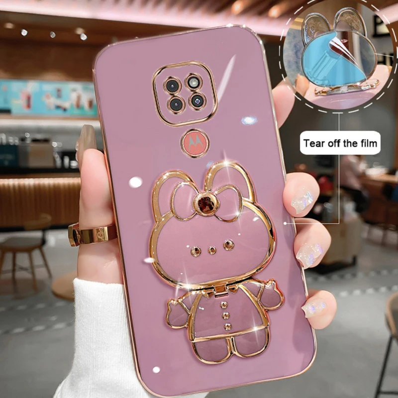 For Motorola G9 Play Phone Case Soft Silicone Plating Cartoon Rabbit Fold Stand Makeup Mirror Bracket Cover