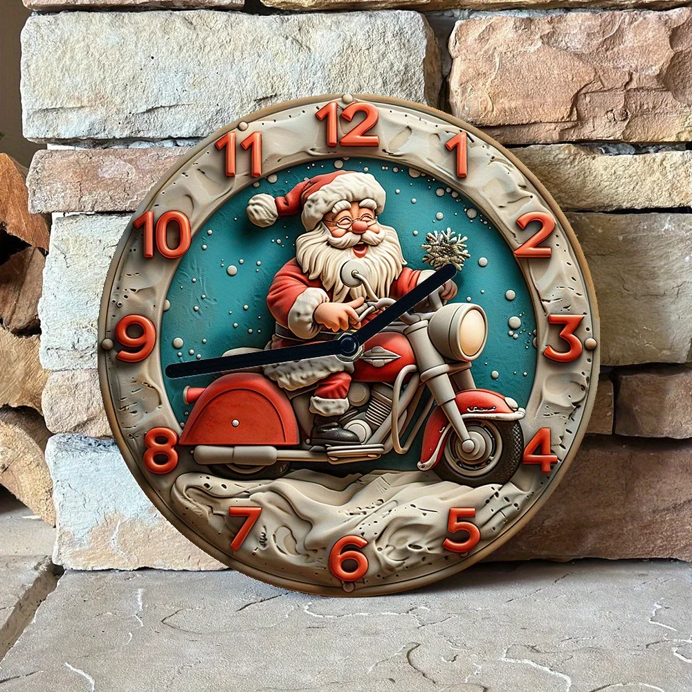 Festive 2D Flat Printing Santa Claus Motorcycle Wall Clock - DIY Assembly Kit: Create & Enjoy! Clocks Wall Home Decor