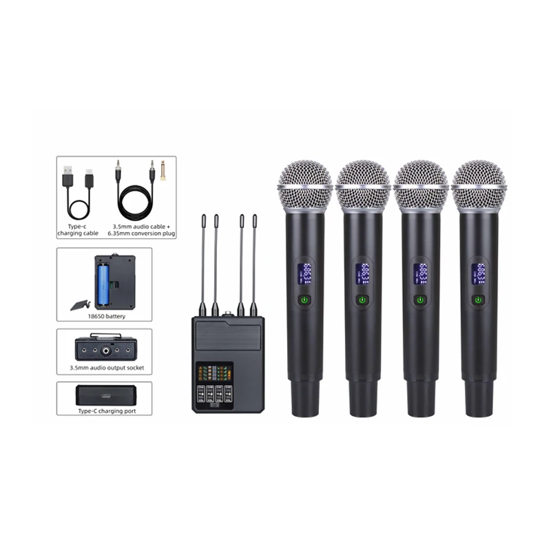 

4 Microphones Portable UHF Wireless Microphone Noise cancellation for Home Singing Outdoor KTV Church Conference