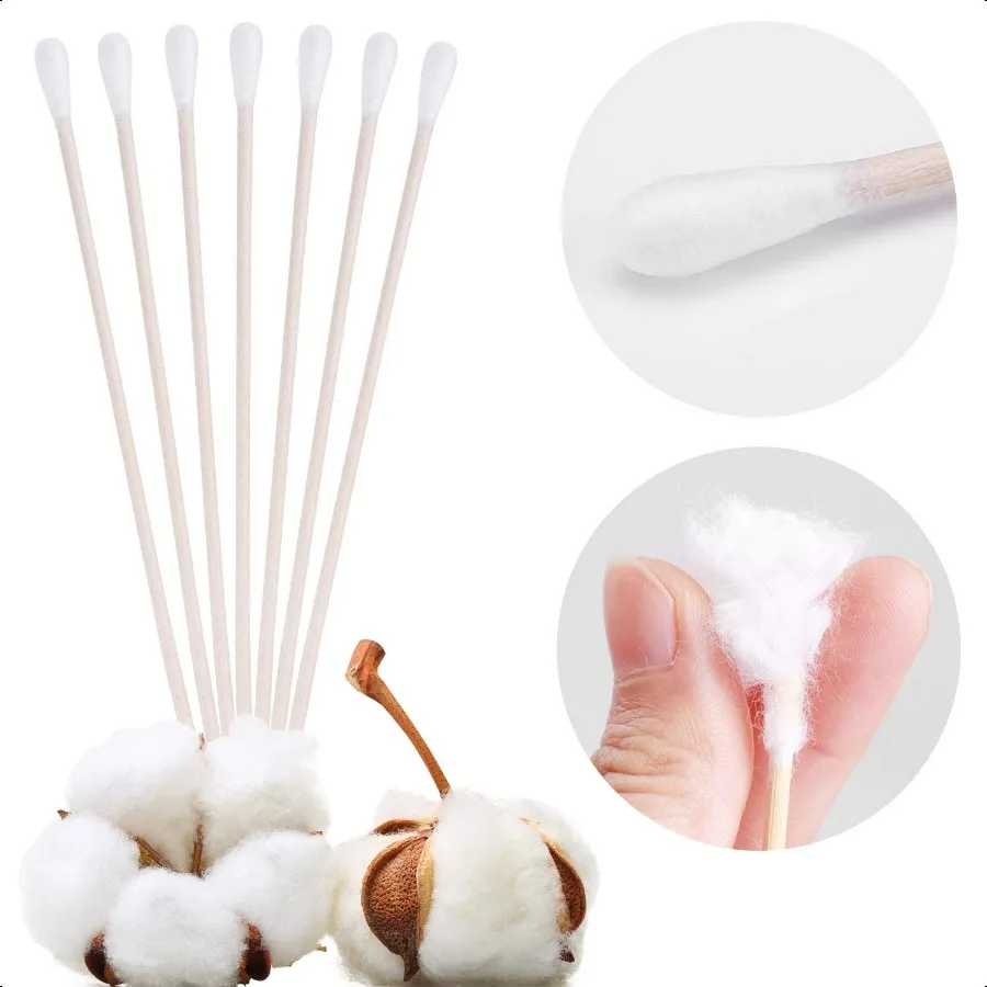 6 cotons-tiges avec poignées en bois, applicateur à pointe de coton, bâtons en bois avec pointe unique pour le nettoyage des pistolets, nettoyage des plaies, démaquillage