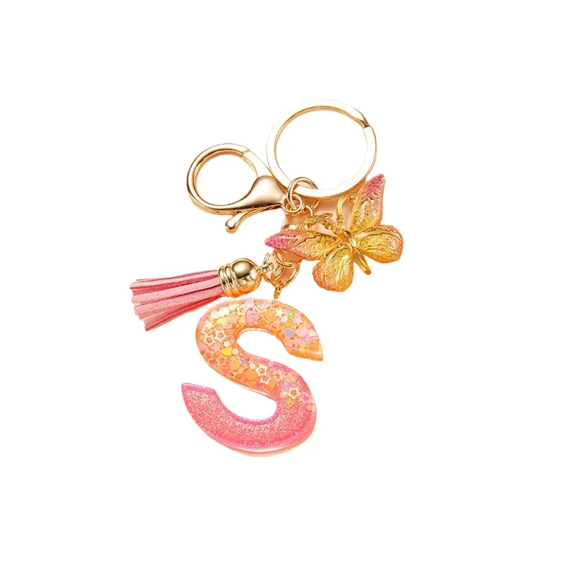 New 2024 A-Z Dreamy Sequin Letters Keychain Tassel Butterfly Pendant Initial Keyring For Women Men Car Key Holder Christmas Gift