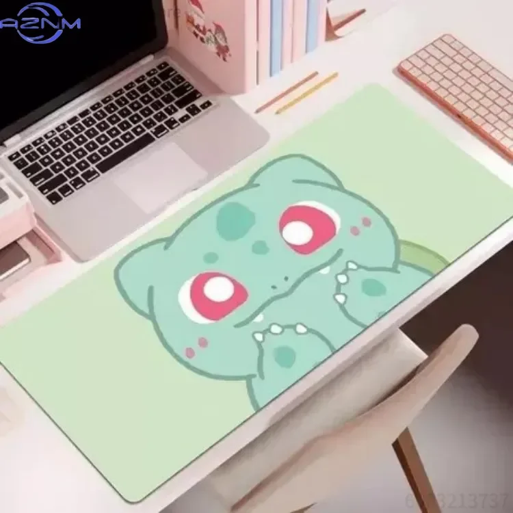 Kawaii Chibi Character Large Gaming Mousepad, Cute Cartoon Starter Monster Non-slip Rubber Lock Edge Keyboard Desk Mat for Girls