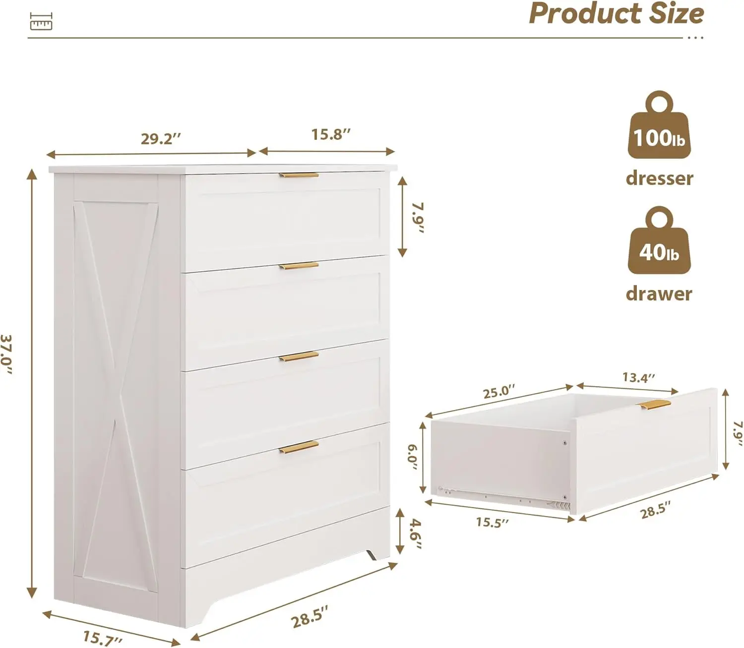 4 Drawer Dresser for Bedroom, Tall Bedroom Dresser with Large Drawer & Golden Handles, Wooden Storage Organizer Cabinet Ch