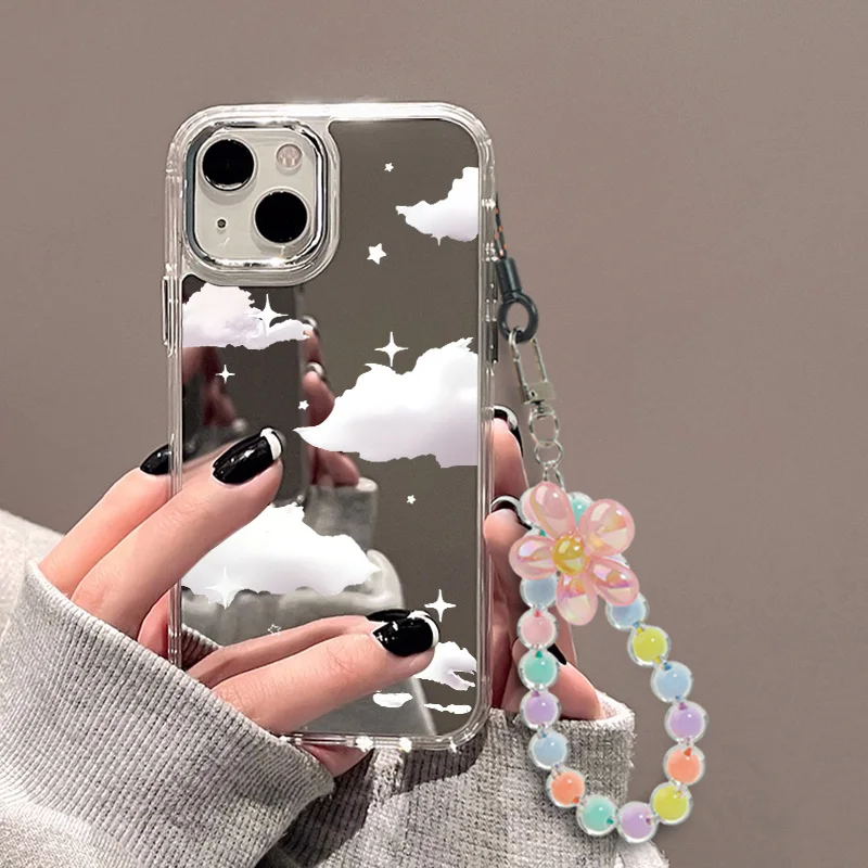 Tulip Wrist Chain Lanyard Cosmetic Mirror Phone Case for iPhone 16 Pro Max 11 12 13 15 14 ProMax Plus XR XS Max Phone Case Cover