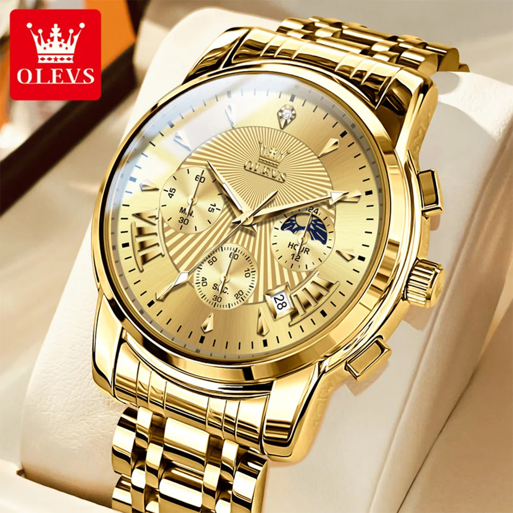 OLEVS 2892 Quartz Watch Men's Luxury Brand Multi-functional Moon Phase Date Gold Stainless Steel Waterproof Men's Watch