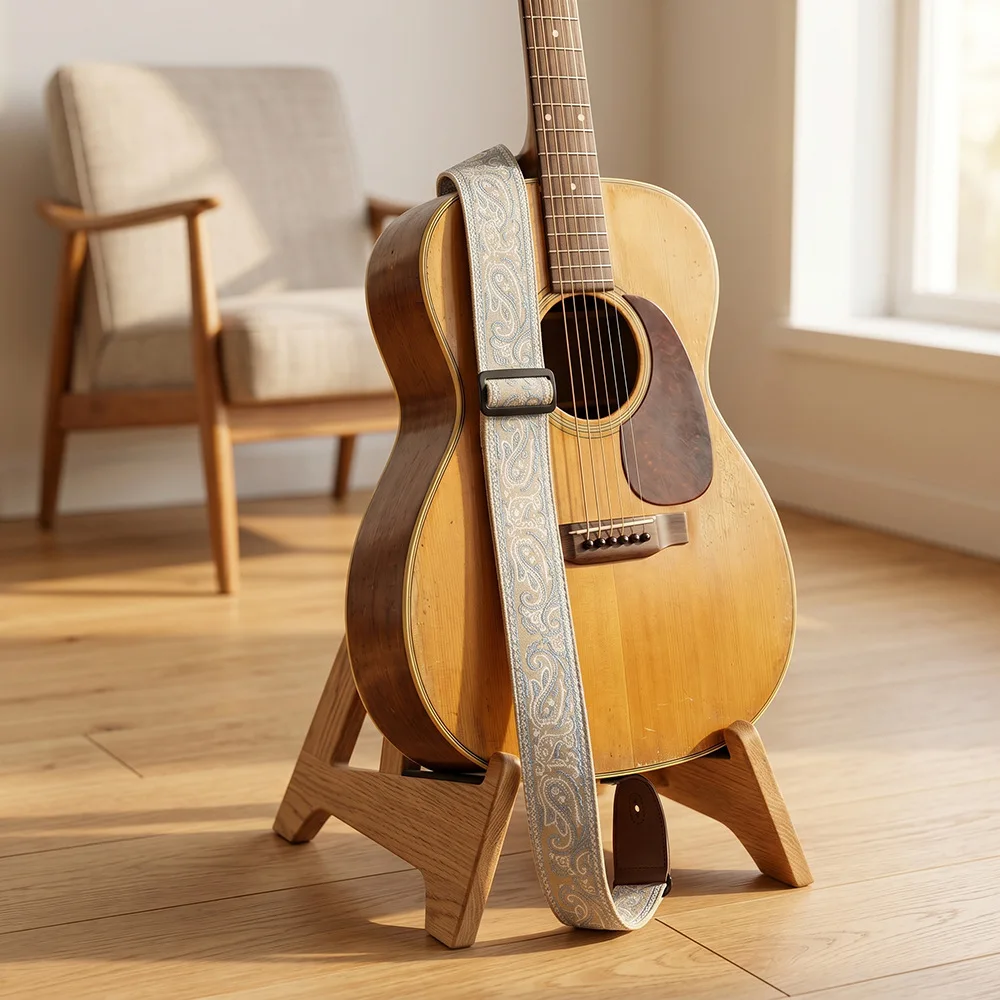 Gitarrengurt, bestickter Gürtel, verstellbare Gitarrengurte mit Lederenden für Bass-, Akustik-, Elektro-Gitarren und Ukulele-Instrumente – Detail 2