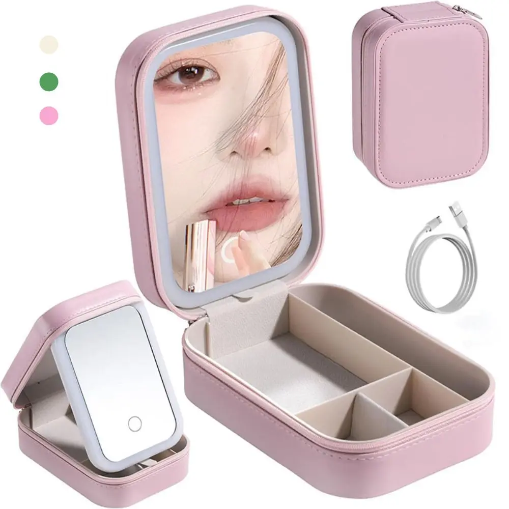 Portable LED Makeup Bag with Mirror 3 Colors Lighting Multi-Compartment Makeup Storage Box Jewelry Organizer Makeup Accessories