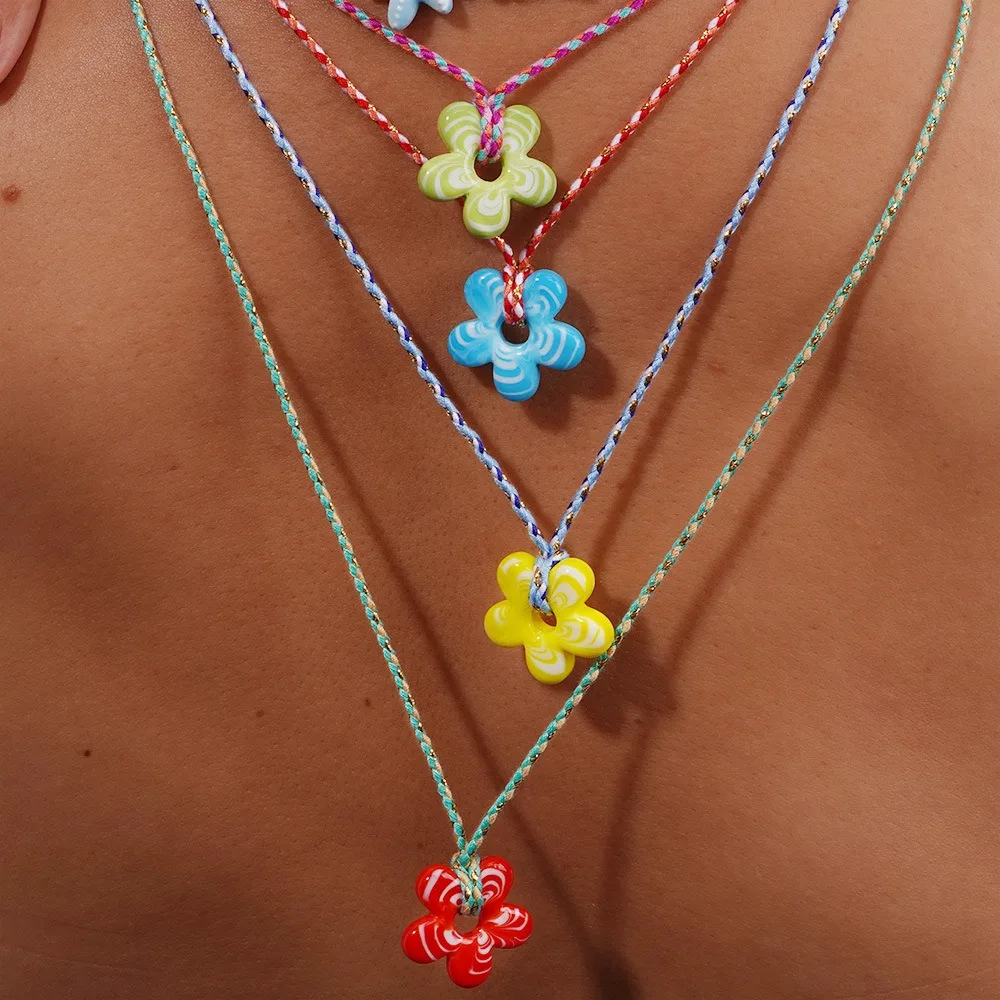 

Childishness Mini Flower Necklace Colorful Handmade Coloured Glaze Pendant Necklace Rope Sweater Chain Floral Chain Choker