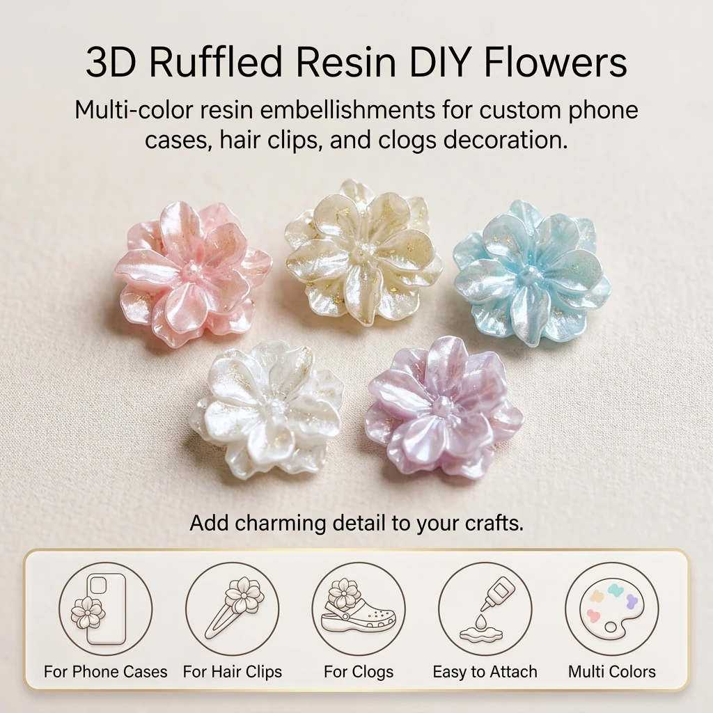 1/5/10/20/50pcs 3d Pearl Gloss Resin Ruffled Flower DIY Embellishment For Hair Clips Clogs Craft Decoration Multi Color