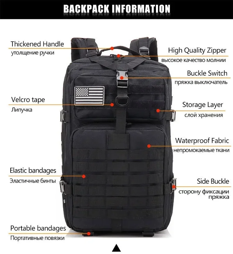 45L Taktische Rucksäcke für Männer, Reisetaschen, Outdoor 3P Schulrucksack, EDC Molle Rucksack für Trekking, Jagdtasche, Campingausrüstung – Detail 3