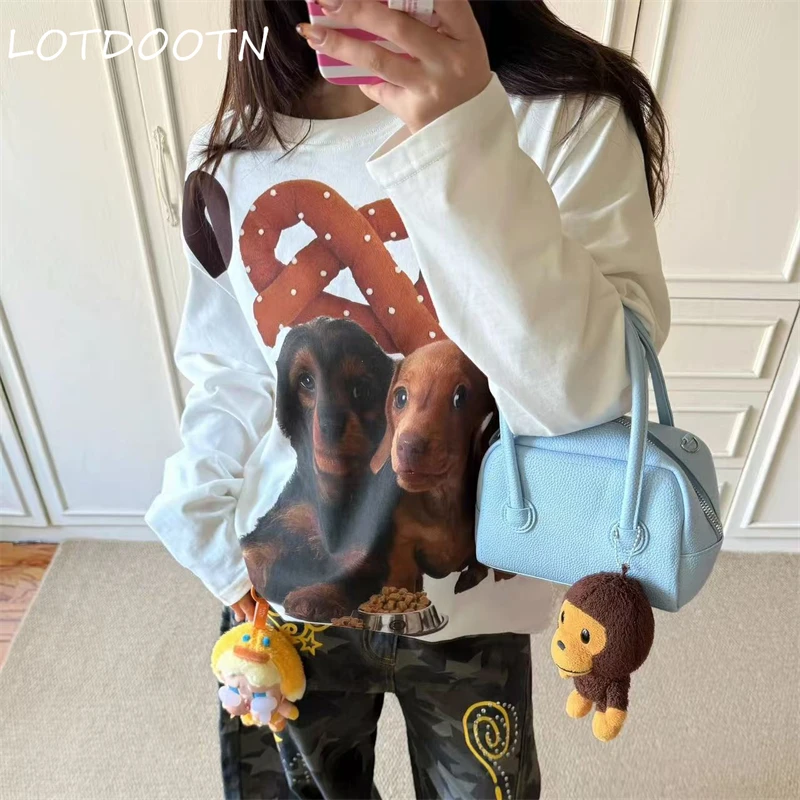 LOTDOOTN Puppy Graphic T-Shirts Women Summer Quality Pure Cotton Loose Vintage T Shirt Cartoon Print Cute Graphic T-shirts Retro