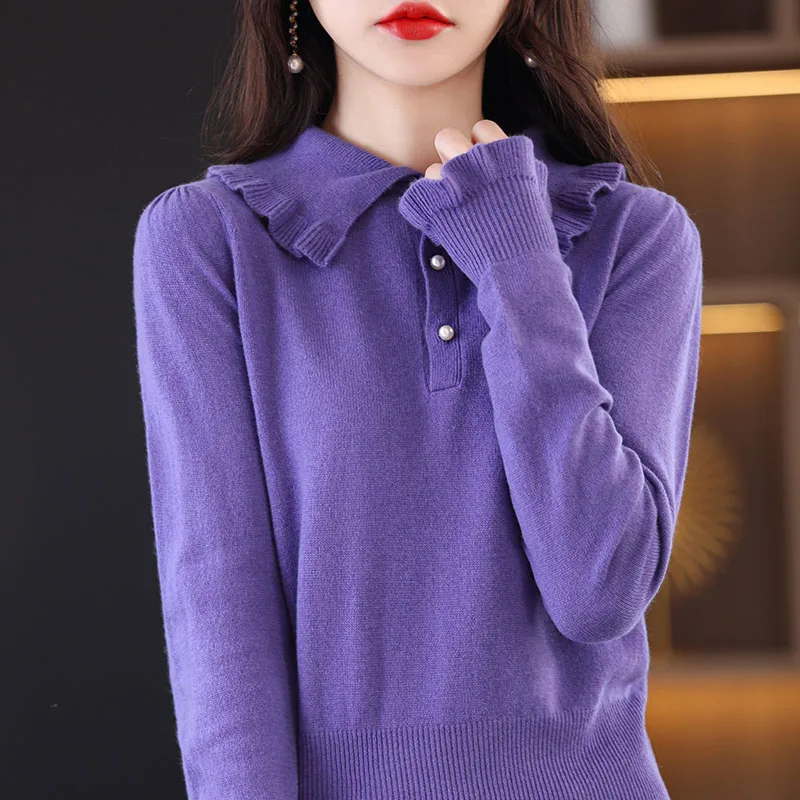 

Long Sve Knitted Sweater Collared Neline Holland Ear Musoom Design Commute Sle Korean Faion Camere Base irt