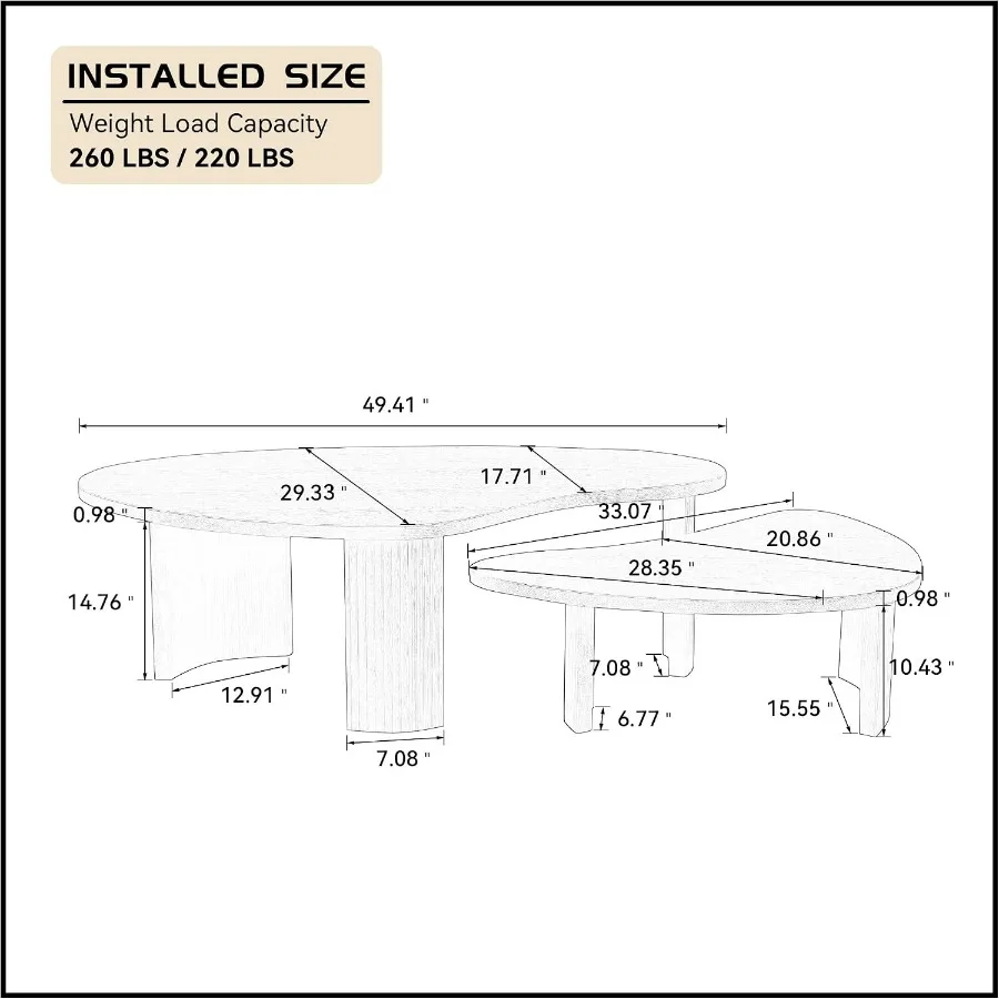 Nesting Coffee Table for Living Room Apartment Office, Walnut Wood, Natural Brown, Irregular Shape Space-Saving 2-Piece Design