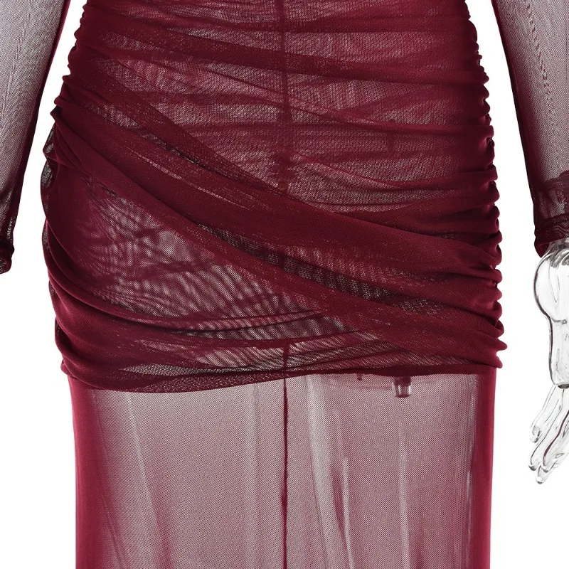 Sheer Mesh Patchwork Geraffte Bodycon Maxi Party Kleid Frauen Sexy Durchsichtig Oansatz Volle Hülse Dünne Clubwear Urlaub Lange Robe