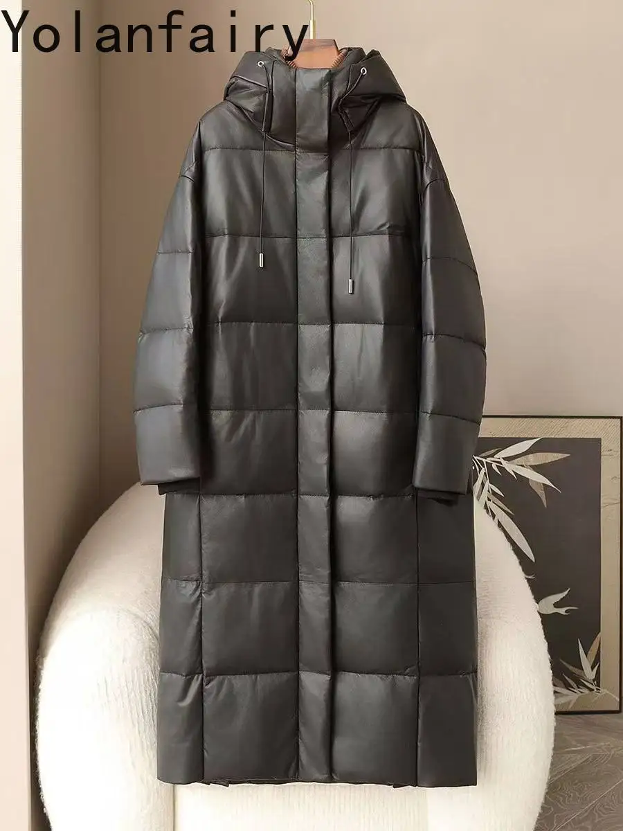 YOLANFAIRY Prawdziwa Skórzana Kurtka Puchowa Damska Zimowa Długa z Kapturem, Puchowa Kurtka z Gęsiego Puchu, Ciepła Modna Kurtka Puchowa Abrigos