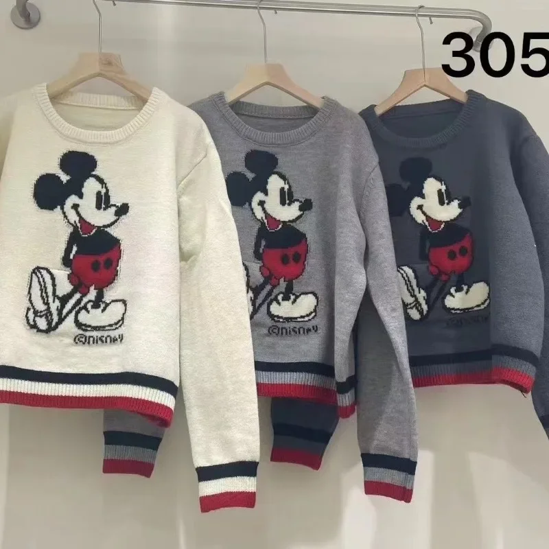 Disney Mickey Mouse Loose Sweaters Cartoon Tide Women Elegant O-neck Long Sleeve Knitted Pullover Top Autumn Female Tops Jumpers