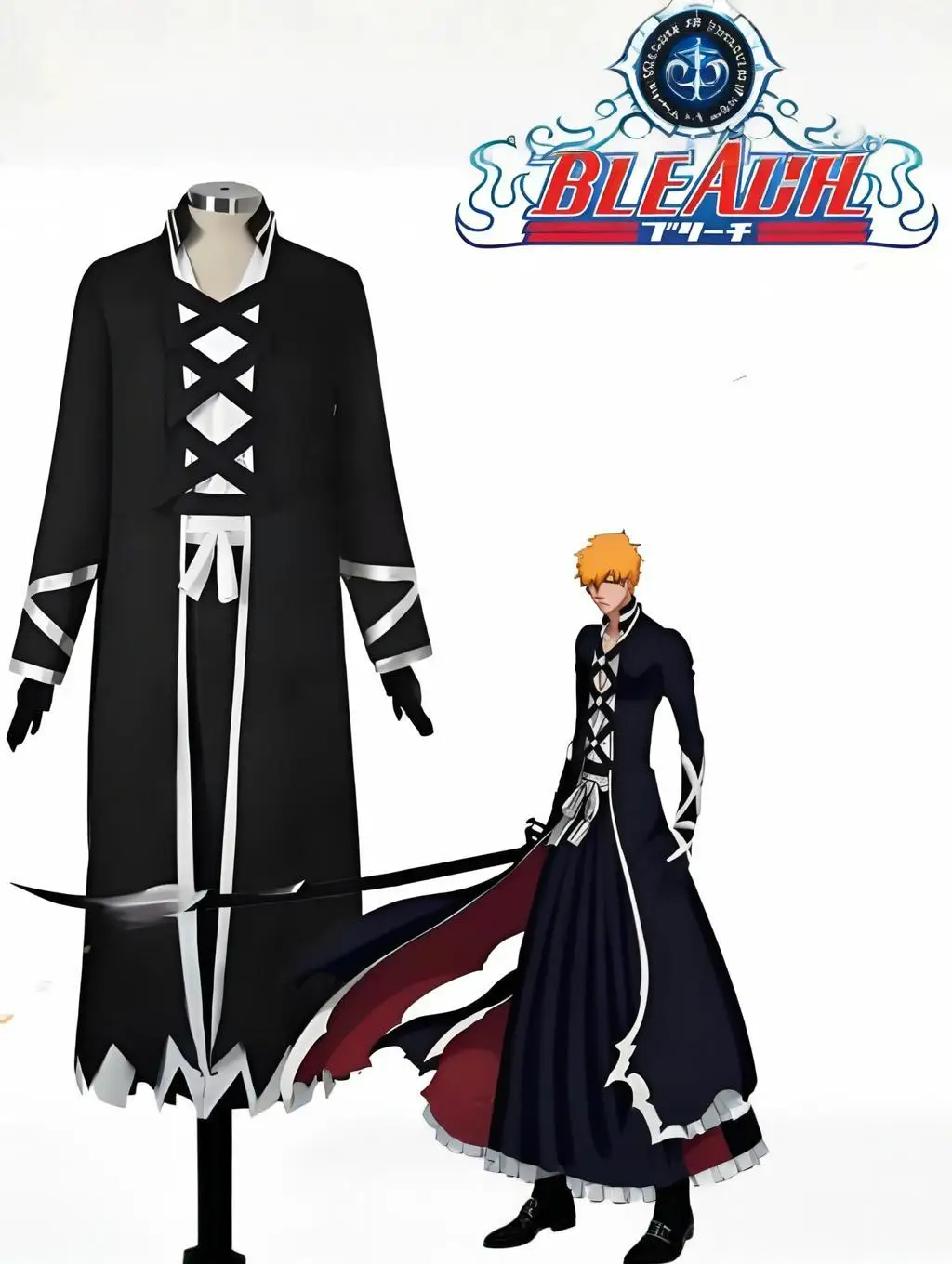 Disfraz de Cosplay de Anime Bleach Kurosaki Ichigo, peluca de guerra de sangre de mil años, traje Shinigami negro, uniforme, conjunto de Halloween para hombres