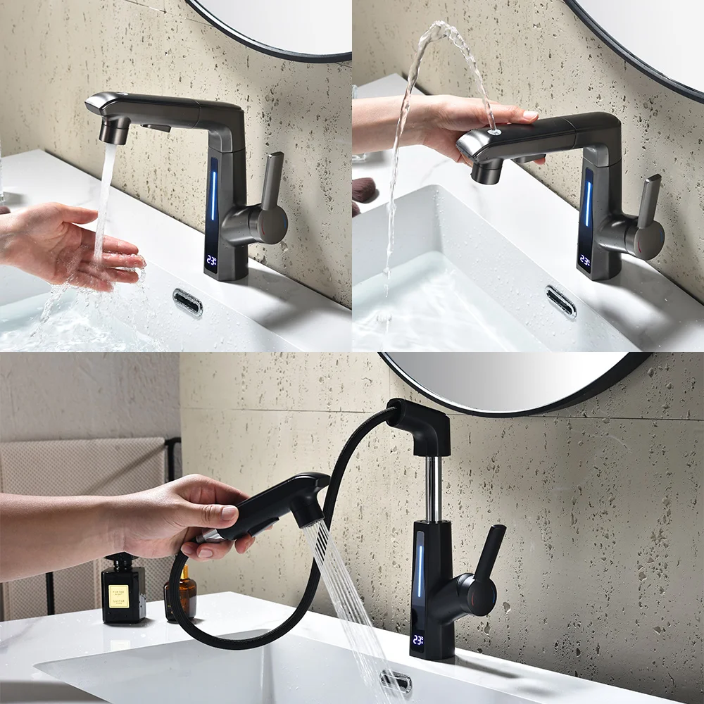 

High End Smart Bathroom Faucet Luxury Digital Display Pull Out Water Faucets Brass Mixer Basin Sink Taps Vanity Washbasin Faucet