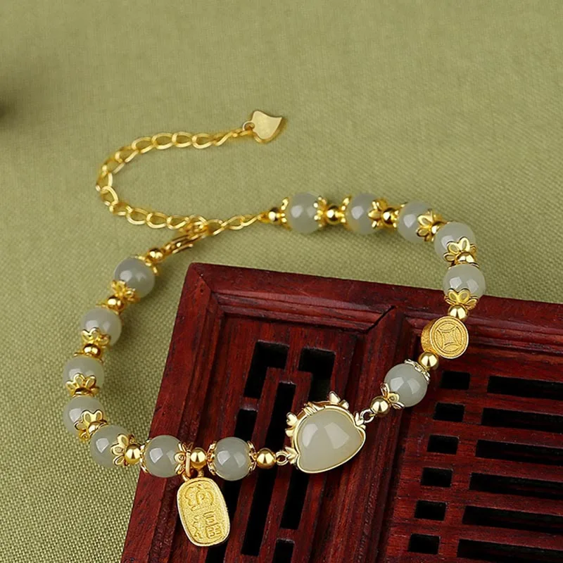 

Gold Hand String Hetian Jade Beads Beaded Strand Bracelets Women Gifts 6MM Beads Sterling Female Jewelry