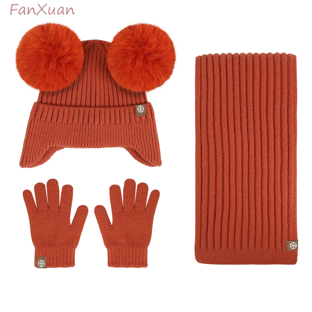 Girl Boy Winter Beanies Scarf Gloves Set 3pcs Solid Color Knitting Hats Big Fur Pompoms Ear Muffs Children Winter Hats Sets