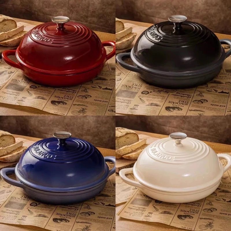 Cast Iron Enameled Bread Baking Pot, Shallow Pan for European Bread, Stewing and Roasting, Nutrient-Retaining Water Drop Design