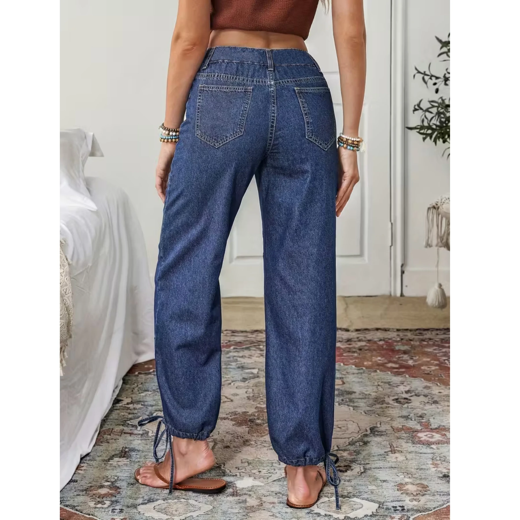 Plus Size Women's Fashion Casual Denim Pants 2026 New Style Ankle Tie Cuffed Elastic Jeans Simple Versatile Women's Wear view 5