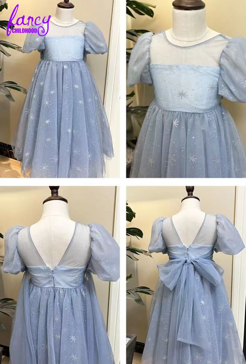 Summer Light Blue Princess Cinderella for Kids Girls Big Bow Stars Tulle Dress Child Wedding Birthday Party Ball Gown 3-10T