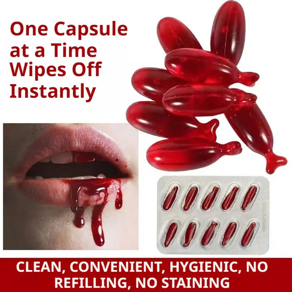 10 Cápsulas de Sangre Falsa para Halloween, Disfraces de Vampiro, Maquillaje de Terror, Accesorios de Escenario, Lavables, Cápsulas de Sangre Artificial Realistas