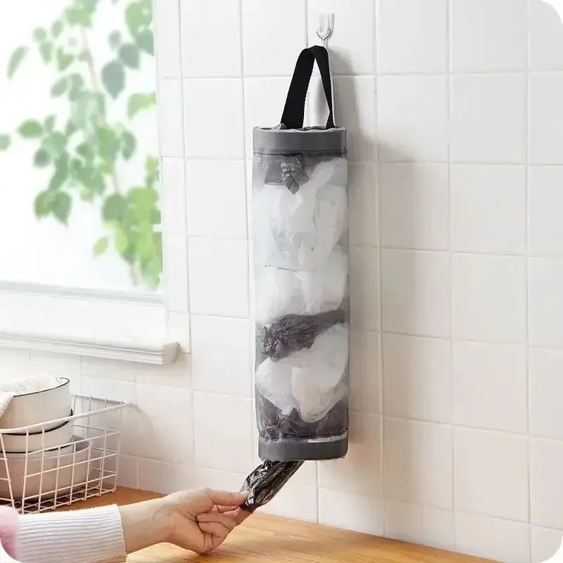 1Pc Wall Mount Mesh Storage Pouch Hanging Garbage Bag Dispenser Household Kitchen Storage Organizer Accessory
