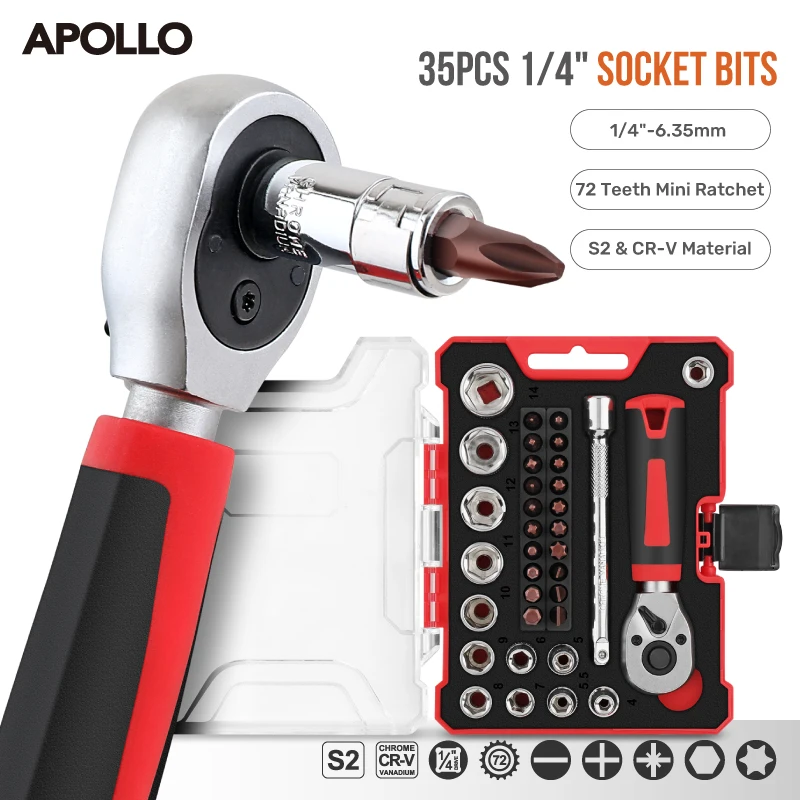 

Apollo 35Pcs 1/4" Mini Ratchet Wrench Socket Set w/ Hex Bits & Quick-Release for Auto Repair Socket Wrench Set & Hand Tool Kit